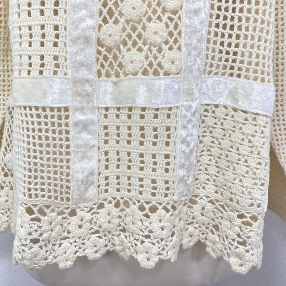 Otto Ivory Crochet Velvet Patchwork Top Large Long Sleeves Romantic Boho Whimsy - Picture 6 of 12